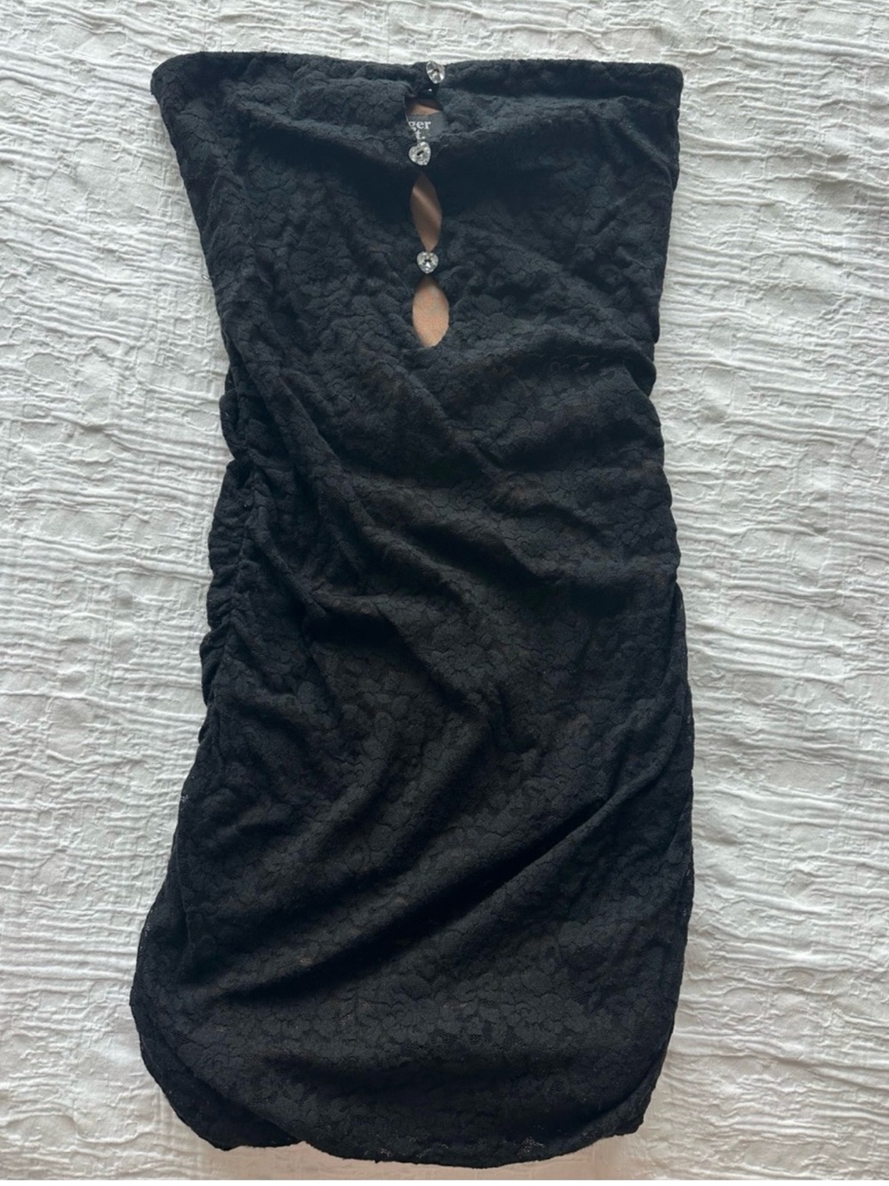 Tiger Mist Black Lace Cut Out Mini Dress  with beige underlining in extra small